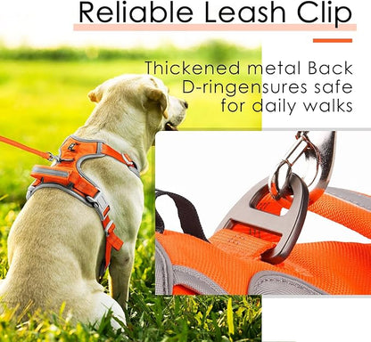 ThinkPet No Pull Harness Set Breathable Sport Harness with Handle - Reflective Padded Dog Safety Vest with Reflective Neon Dog Leash M Harness Leash Pack Orange