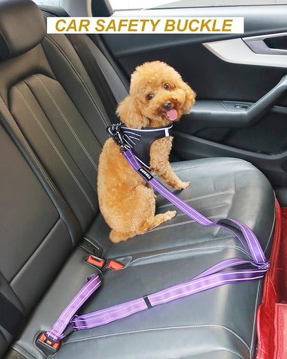 AUBELL Double Handle Tactical Dog Leash Heavy Duty for Small and Medium Large Dogs,Reflective Adjustable Nylon Leash That Pull with Car Seatbelt for Training,4.5-6FT,Purple