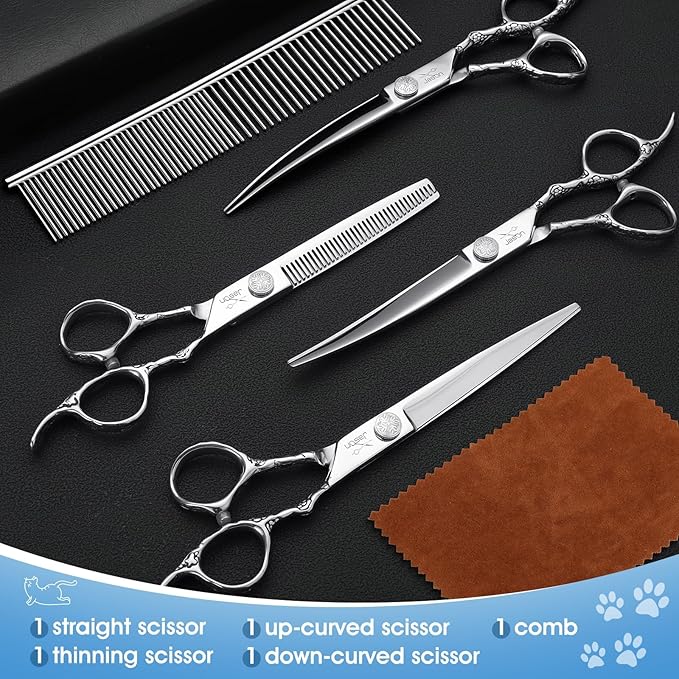 JASON Dog Grooming Scissors Kit, Professional 6 in 1 Dog Scissors Set - 6.5" Thinning, 7" Straight, 7" Up-Curved, 7" Down-curved Shears and Comb for Dog Cat Pet (Silver) Christmas Gift