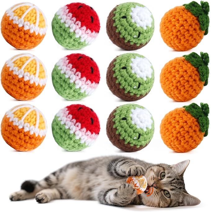 Cipsken 12 Pack Cat Toy Balls, Hand-Knitted Woolen Yarn Cat Balls Toy with Bell Inside, Interactive Kitty Toys for Indoor Kitten Teething, Chasing & Self Play(Fruit-Shaped)