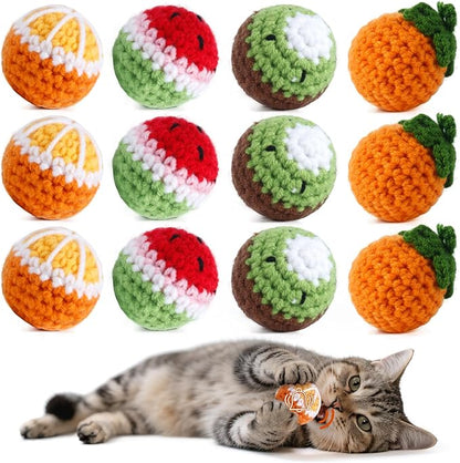 Cipsken 12 Pack Cat Toy Balls, Hand-Knitted Woolen Yarn Cat Balls Toy with Bell Inside, Interactive Kitty Toys for Indoor Kitten Teething, Chasing & Self Play(Fruit-Shaped)