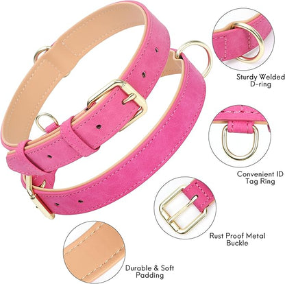 Leather Dog Collar for Small Medium Large Dogs, Soft Padded Dog Leather Collar with Heavy Duty Gold Buckle, Durable & Comfortable for Medium Dogs Daily Walking (Hot Pink, M)