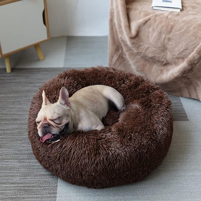 Calming Donut Dogs Beds for Small Dogs Washable,23inch Plush Round Pet Bed for Cozy Sleep,Fluffy Faux Fur Large Cat Bed,Fits up to 25 lbs Pets,Chocolate Brown