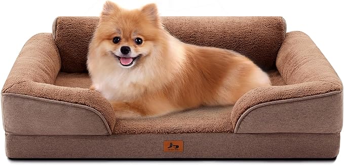 Warmrest Orthopedic Dog Beds for Medium Size Dogs, Waterproof Egg-Crate Foam Pet Couch Bed with Soft Sides, Non-Slip Dog Sofa with Fleece Removable Washable Cover, 28" L Supportive Pet Sofa, Brown