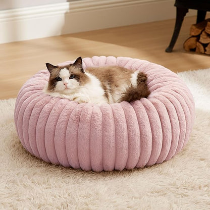 Bedsure ComfyFleece Cat beds for Indoor Cats - Donut Dog Beds for Small Dogs with Corduroy Fleece & Anti Slip Bottom, Faux Fur Pet Beds with Washable Removable Cover, Blush Pink, 20x20x6 inches