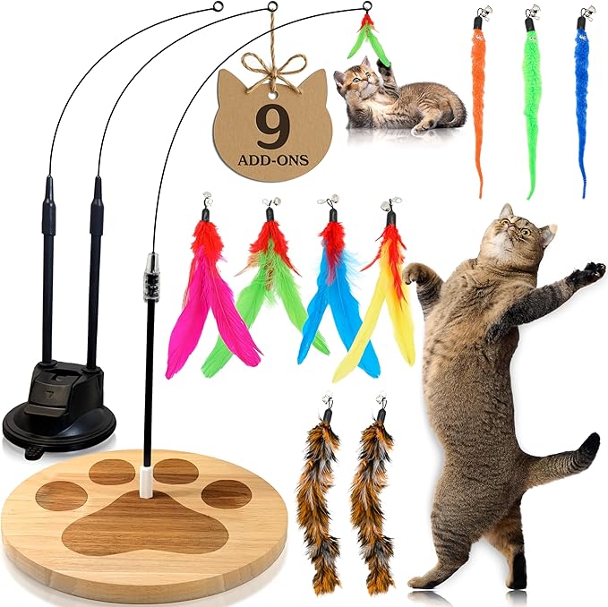 GADGETSOLOGY 9pcs Interactive Cat Toys for Indoor Cats Suction Cup Cat Toys for Indoor Cats Bird Hunting Slefplay Simulation for Kitten Flying Bird Toy Feather Wand Attachments