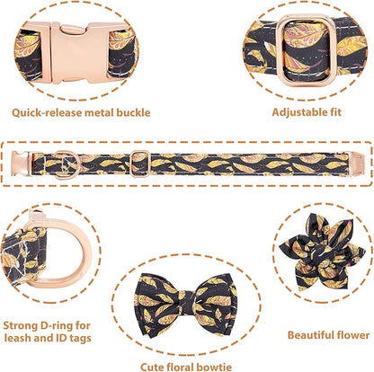 Dog Collar and Leash Set Adjustable Girls Puppy Floral Collars with Bow Tie for Small Medium Large Dogs(L, Feather)