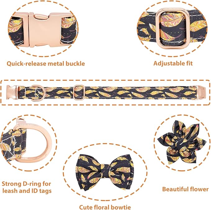 Dog Collar and Leash Set Adjustable Girls Puppy Floral Collars with Bow Tie for Small Medium Large Dogs(XS, Feather)