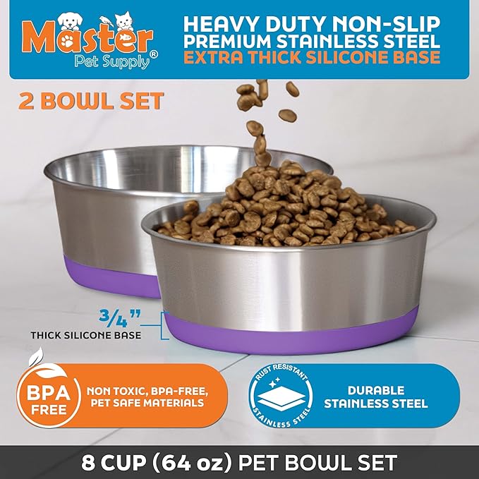 Master Pet Supply Stainless Steel Dog Bowls Set of 2 with Extra Thick Silicone Base - 8 Cup (64 oz) Plum Crazy, Non-Slip, Dishwasher Safe Metal Bowls, Pet Dog Food Bowl for Dogs, Cats, Anti Rust
