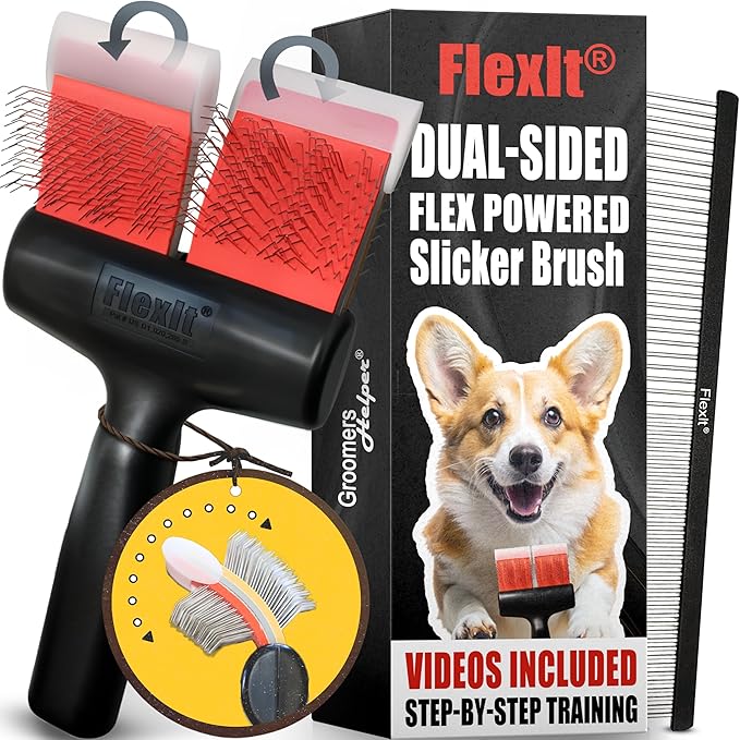 FlexIt Flexible Slicker Brush for Dogs - Professional 3-in-1 System & Video Trainings - Dual-Sided Dematting, Undercoating & Finishing Dog Grooming Brush by Groomers Helper (Double, Soft Flex)