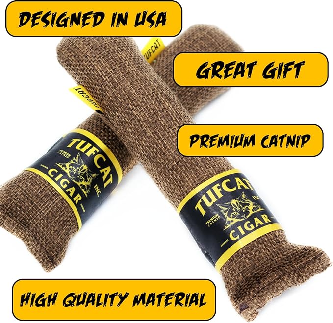 TUFCAT Cat Toy Cigar, Catnip Toys for Cats of All Breeds, Cat Toys for Indoor Cats, Kitten Toys, Action Themed Fun for Kicking, Biting, Chewing (Brown, 1-Pack)