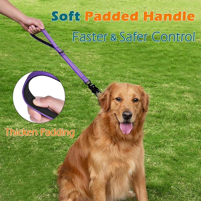 PetBonus Heavy Duty Short Dog Leash, 18 Inch Nylon Traffic Leash with Quick Release Clip, Comfortable Padded Handle, Reflective Training Lead for Medium Large Dogs (Purple, 18")