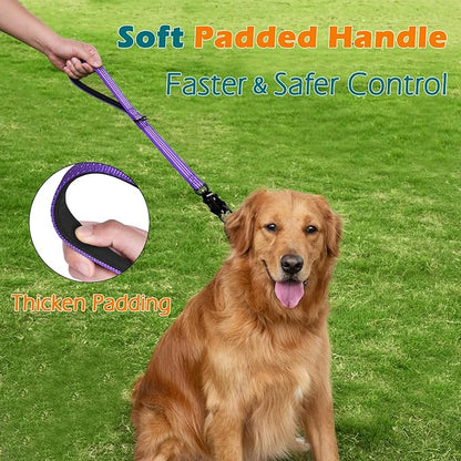 PetBonus Heavy Duty Short Dog Leash, 18 Inch Nylon Traffic Leash with Quick Release Clip, Comfortable Padded Handle, Reflective Training Lead for Medium Large Dogs (Purple, 18")