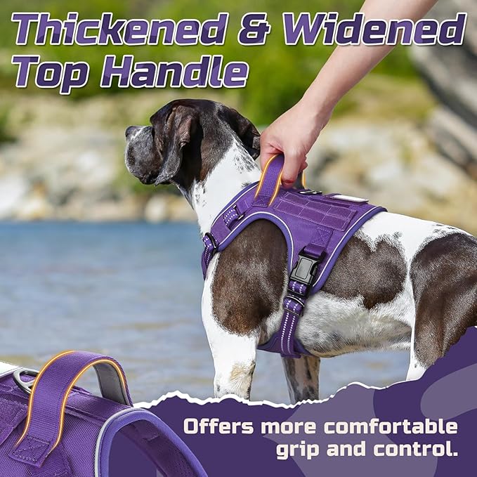 rabbitgoo Tactical Dog Harness for Large Dogs, No Pull Military Service Vest with Handle & Molle, Easy Control for Training Walking, Adjustable Reflective Straps, Purple, XL