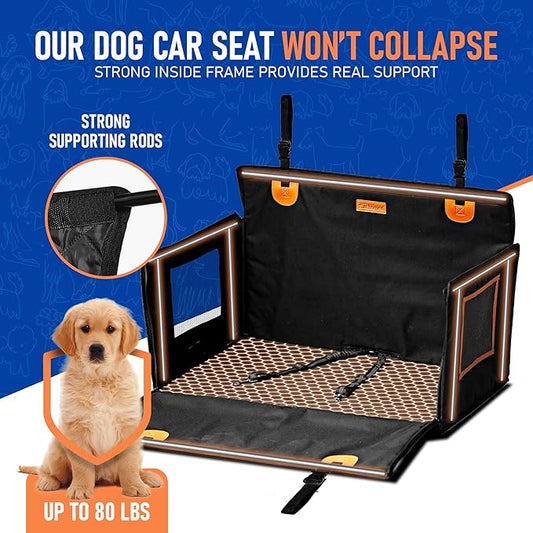 Large Dog Car Seat Medium Sized Dog or 2 Small Dogs. Hard Bottom, Dual Adjustable Seat Belt Leash, Waterproof, Breathable Mesh Sides. Back Seat Pet Cover for Dogs 29.5"X19.7"X19.7"