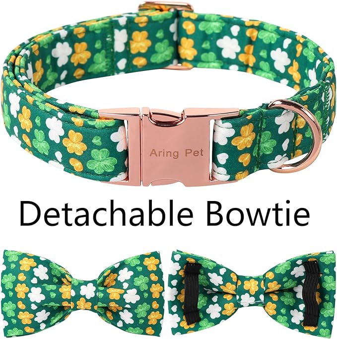 ARING PET St Patrick's Day Dog Collar, Cute Green Clovers Adjustable Shamrock Bowtie Pet Collar for Small Medium Large Girl Boy Dogs-M
