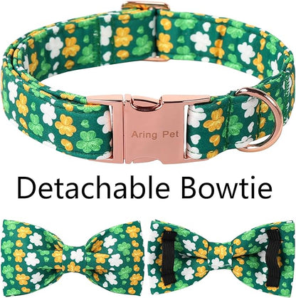 ARING PET St Patrick's Day Dog Collar, Cute Green Clovers Adjustable Shamrock Bowtie Pet Collar for Small Medium Large Girl Boy Dogs-S