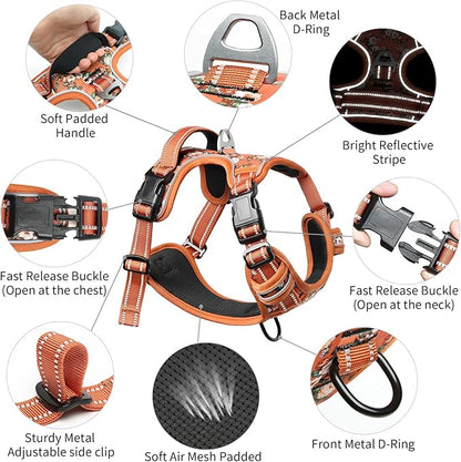 Timos Dog Harness, No Pull Dogs Harness 3 Snap Buckles Adjustable Reflective No Choke Pet Vest for Small Dog with Soft Padded Control Training Handle for Outdoor Training,Flower Orange, S