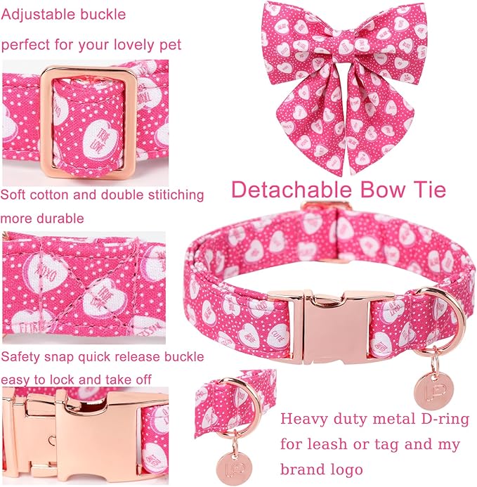 Valentine’s Dog Collar with Bow Tie, Pink Heart Bowtie Collar with Metal Buckle, Valentine’s Gift Pet Collar for Puppy Girl Boy Dog or Cat, Wedding Dog Collar, M