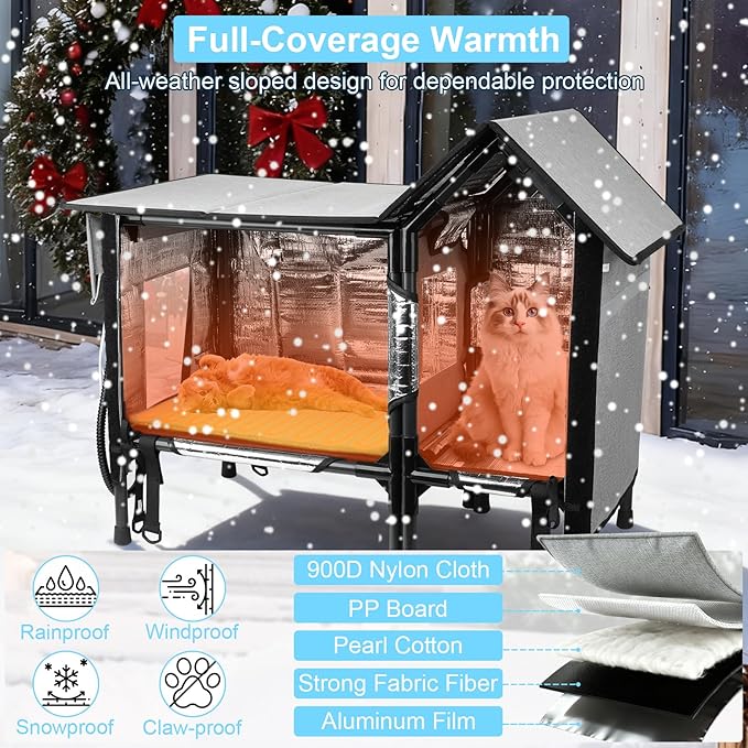 Xosody Heated Cat House for Outside Cats- 100% Weatherproof Insulated Outdoor Cat House with Heating Pad, Elevated Base & Safe Escape Door, Warm Kitty Shelter for Feral or Stray Cats in Winter