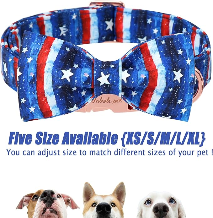 4th of July Dog Collar with Bow Tie - Flag Day Stars & Stripes Patriotic Bowtie Collar Independence Day Safety Dog Collars for Small Medium Large Dogs XS