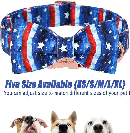 4th of July Dog Collar with Bow Tie - Flag Day Stars & Stripes Patriotic Bowtie Collar Independence Day Safety Dog Collars for Small Medium Large Dogs XS