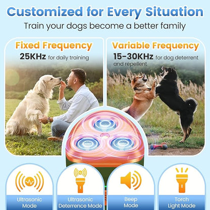 Dog Bark Deterrent Device 3X Anti Barking Device for Dogs, 5 Modes Stop Neighbors Dog Barks No More Safe for All Dogs 50FT Bark Control Indoor Outdoor with Flashlight,Rechargeable Training Device
