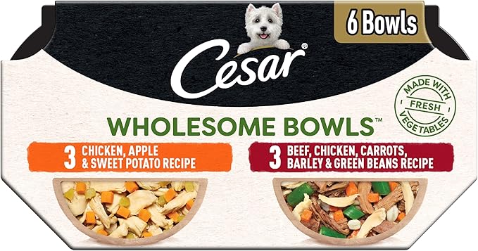 Cesar Wholesome Bowls Adult Wet Dog Food, Beef, Chicken, Carrots, Barley & Green Beans Recipe and Chicken, Apple & Sweet Potato Recipe Variety Pack, Wet Food for Dogs, 3 oz., 6 Count