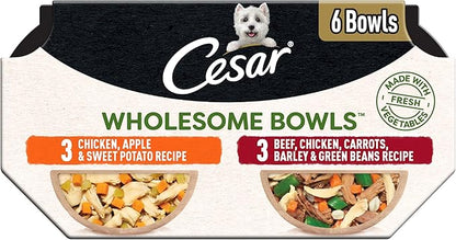 Cesar Wholesome Bowls Adult Wet Dog Food, Beef, Chicken, Carrots, Barley & Green Beans Recipe and Chicken, Apple & Sweet Potato Recipe Variety Pack, Wet Food for Dogs, 3 oz., 6 Count