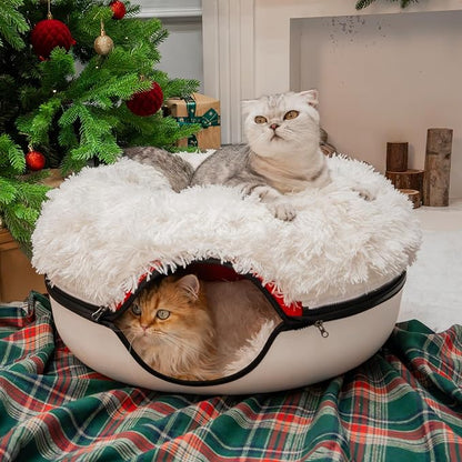 CATTASAURUS Peekaboo Cat Cave for Multiple & Large Cats Up to 30-45 Lbs, Fluffy Cat Beds & Furniture, Scratch Detachable & Washable Tunnel Bed, Comfy Donut Bed (Ruby Snowball, Large (Calming))