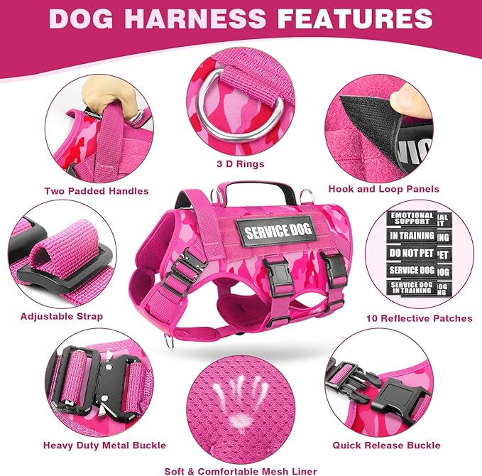 WINSEE Service Dog Vest Harness for Large Dog, Tactical Working MOLLE Vest with 10 Pet Patches, No Pull Heavy Duty Harness for Training Hunting Walking