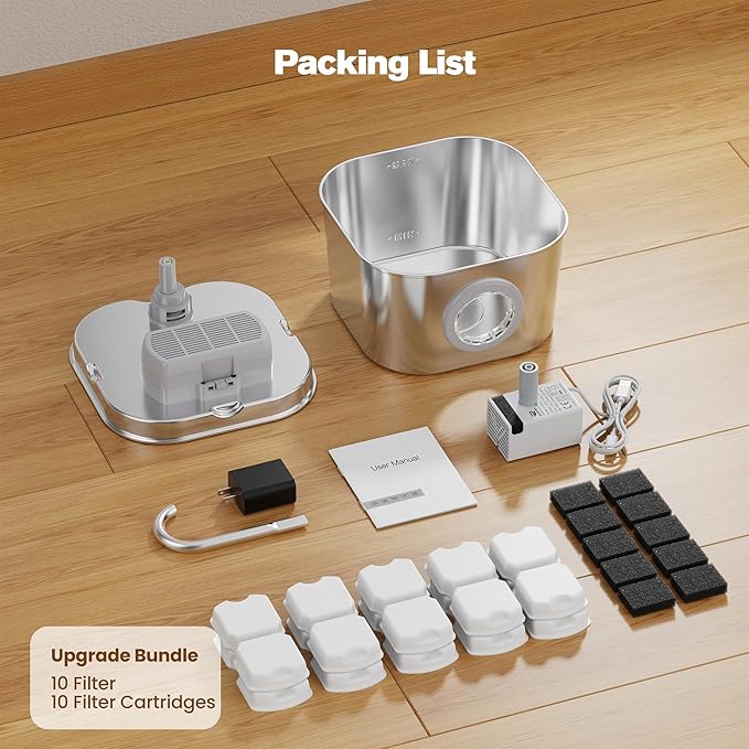 Cat Water Fountain Stainless Steel: Pet Fountains with 10 Filters + 10 Sponges 2.2L Cats Automatic Waterer Bowls for Drinking Small Dog Water Dispenser Indoor HOOISE Metal Kitty Watering Silent