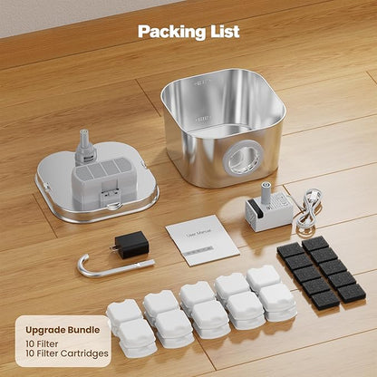 Cat Water Fountain Stainless Steel: Pet Fountains with 10 Filters + 10 Sponges 2.2L Cats Automatic Waterer Bowls for Drinking Small Dog Water Dispenser Indoor HOOISE Metal Kitty Watering Silent