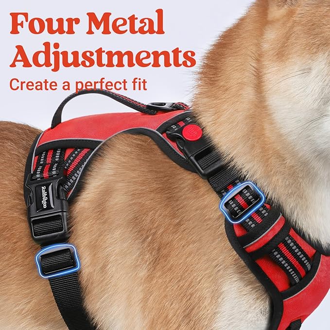 rabbitgoo Dog Harness for Large Dogs, No Pull Pet Harness with Soft Padded Handle, Adjustable Reflective Vest with 3 Buckles, Easy Walking Harness with 2 Leash Clips, Red, L