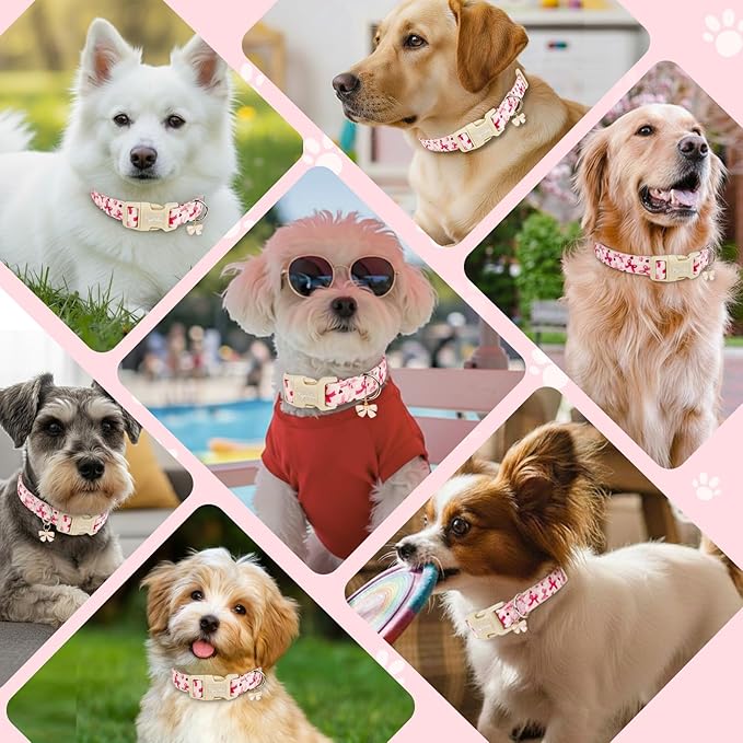 Adjustable Girl Dog Collars with Pink Bow, Cute Spring Summer Collar for Girl Boy Dog, Pink Pet Collar for Small Medium Large Dogs-S