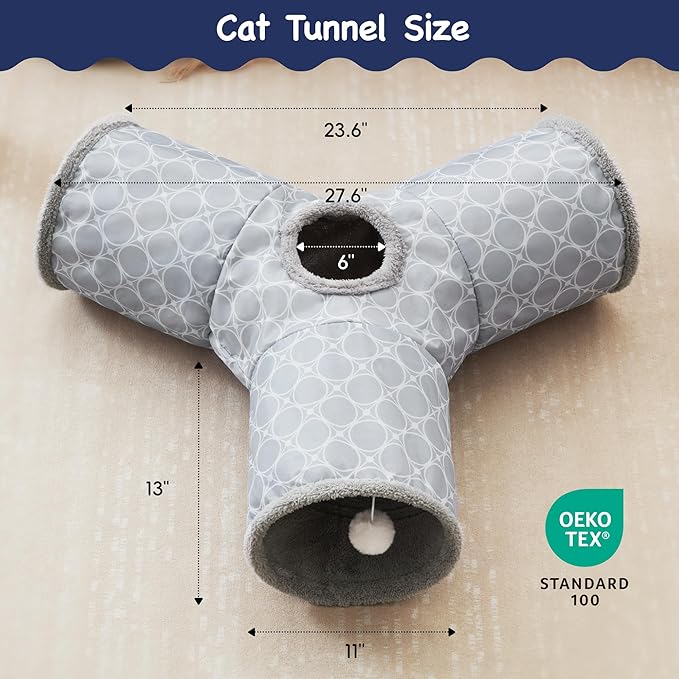Tempcore Pet Cat Tunnel Tube Cat Toys 3 Way Collapsible, Cat Tunnels for Indoor Cats Fleece-Lined in for Warmth，Kitty Tunnel Bored Pet Toys Peek Hole Toy Ball Cat, Puppy, Kitten, Geometry Grey
