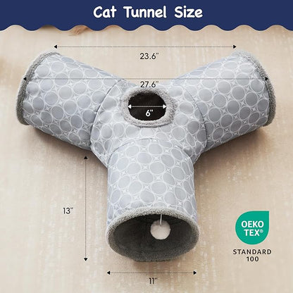 Tempcore Pet Cat Tunnel Tube Cat Toys 3 Way Collapsible, Cat Tunnels for Indoor Cats Fleece-Lined in for Warmth，Kitty Tunnel Bored Pet Toys Peek Hole Toy Ball Cat, Puppy, Kitten, Geometry Grey