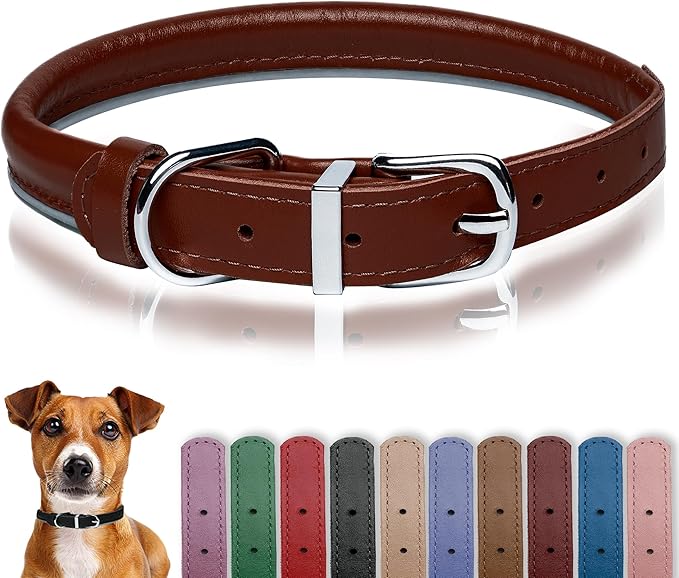 OOPSDOGGY Rolled Leather Dog Collar Reflective Roll Collars for Small Medium Large Dogs Puppy (Cognac, L, 14'' - 18'')