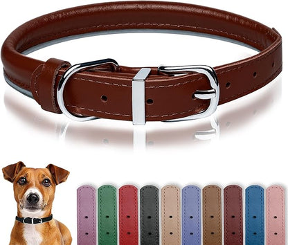 OOPSDOGGY Rolled Leather Dog Collar Reflective Roll Collars for Small Medium Large Dogs Puppy (Cognac, L, 14'' - 18'')