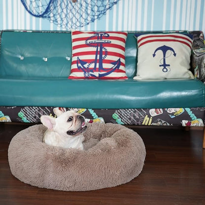 Calming Donut Dogs Beds for Small Dogs Washable,23inch Plush Round Pet Bed for Cozy Sleep,Fluffy Faux Fur Large Cat Bed,Fits up to 25 lbs Pets,Camel