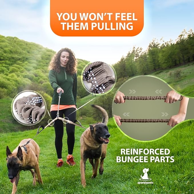 SparklyPets - Double Dog Bungee Rope Leash - Dual Dog Lead for Medium and Large Breeds - Padded Handles, No Tangle - Flow Leash, 2 Dogs Walking Accessory