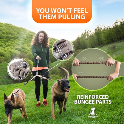 SparklyPets - Double Dog Bungee Rope Leash - Dual Dog Lead for Medium and Large Breeds - Padded Handles, No Tangle - Flow Leash, 2 Dogs Walking Accessory