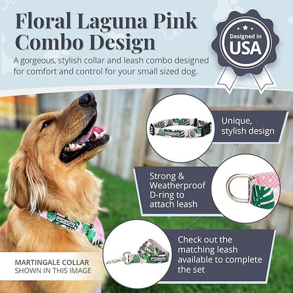 Lucky Love Dog, Tropical Matching Dog Collar & Leash Set, Soft & Comfy, Vivid Pink Color Collar and Leash for Female Male Dogs - (Small, Laguna Combo)