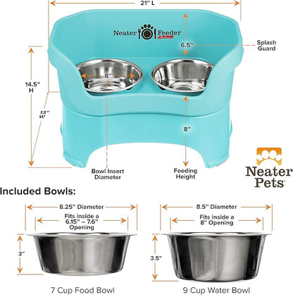 Neater Pet Brands Neater Feeder Deluxe Mess Proof Dog Bowls Elevated for Large Dogs Over 40 lbs, Made in USA, No Spill Raised Dog Food Bowl Stand Feeding Station, Food and Water Bowl Set, Aquamarine