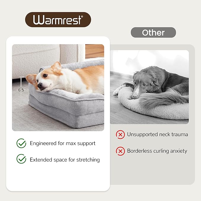Warmrest Orthopedic Dog Beds for Large Sized Dogs, Waterproof Egg-Crate Foam Pet Couch Bed with Soft Side, Non-Slip Dog Sofa with Flannel Removable Washable Cover, 35"L Supportive Pet Sofa, Light Grey