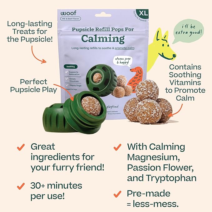 Woof Pupsicle Calming Starter Kit - Pupsicle and Calming Pops Bundle - Long-Lasting Interactive Dog Toy, Low-Mess Design - 10 Refills with Thiamine, Tryptophan, Passion Flower for XL Dogs 75 lbs and U