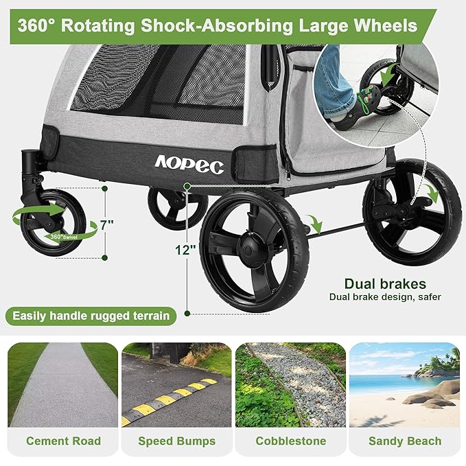 AOPEC Large Dog Stroller - Dual Entry Safety Folding Pet Stroller with Adjustable Handle, All-Terrain 4-Wheel, 160 lbs Weight Capacity for Travel & Outdoor Adventures - Gray