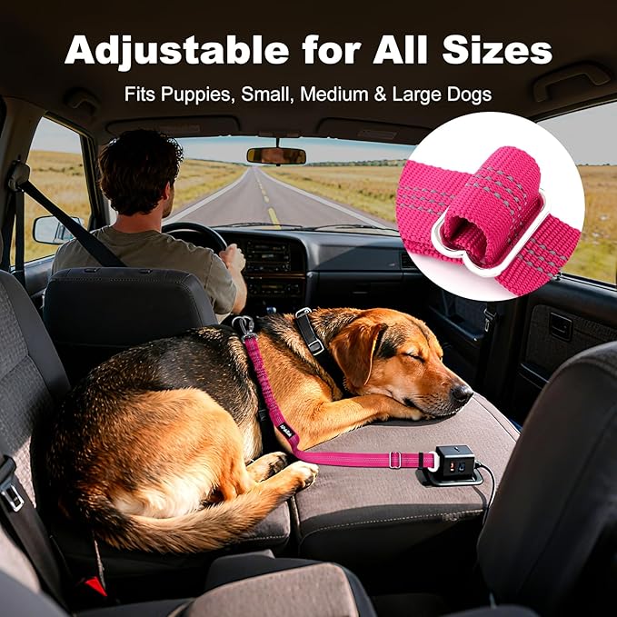 Dog Seat Belt for Car, Adjustable Dog Car Harness Seatbelt for Small Medium Large Dogs, Heavy Duty Travel Safety Restraint with Locking Aluminum Hook & Reflective Nylon Strap, Pink