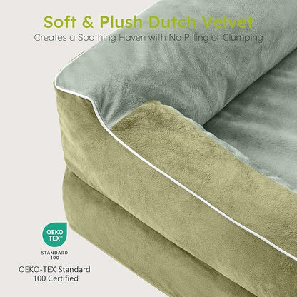 CWAWZ Extra Large Dog Bed, Orthopedic Dog Bed with Cooling Gel Memory Foam, Waterproof XL Pet Bed with Removable Washable Cover, 42" Pet Sofa Couch Dutch Velvet with Bone Toy, Dark Green