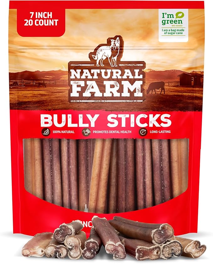 Natural Farm Odor-Free Bully Sticks, 7-Inch Long, 20 Count Bag, 100% Beef Pizzle Chew Treats for Medium & Large Dogs Dogs